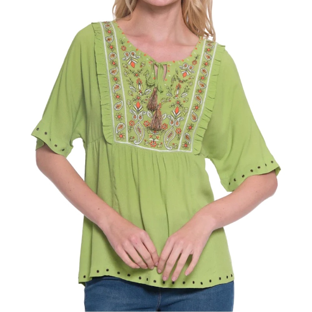 NWT John Mark Lime Green Embroidered Short Sleeve Boho Tunic Top, Size L
